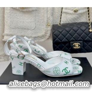 Hot Style Chanel Coco Printed Lambskin Heel Sandals 6cm White/Green 601013