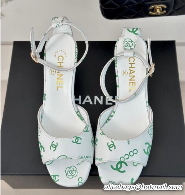 Hot Style Chanel Coco Printed Lambskin Heel Sandals 6cm White/Green 601013