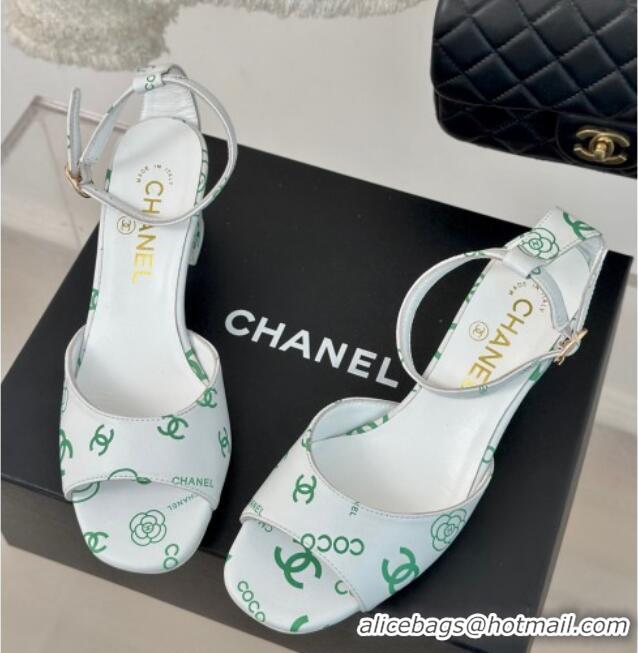 Hot Style Chanel Coco Printed Lambskin Heel Sandals 6cm White/Green 601013