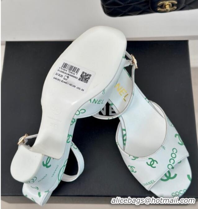 Hot Style Chanel Coco Printed Lambskin Heel Sandals 6cm White/Green 601013