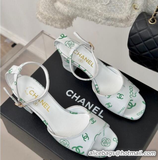 Hot Style Chanel Coco Printed Lambskin Heel Sandals 6cm White/Green 601013