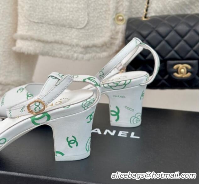 Hot Style Chanel Coco Printed Lambskin Heel Sandals 6cm White/Green 601013