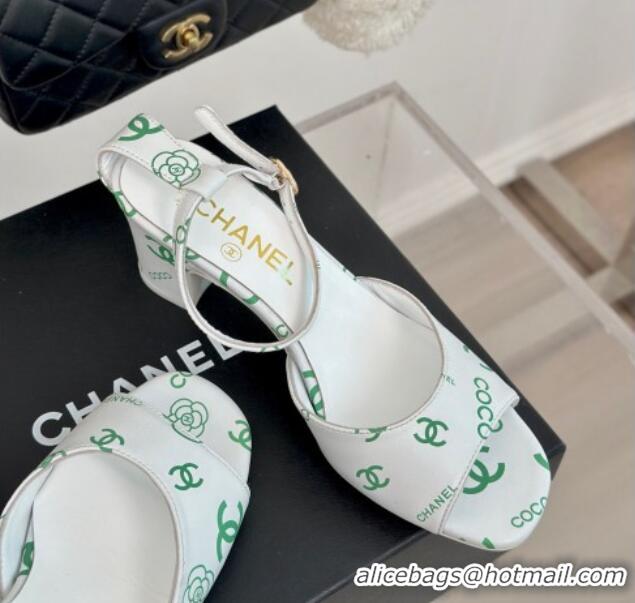 Hot Style Chanel Coco Printed Lambskin Heel Sandals 6cm White/Green 601013