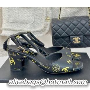 Good Product Chanel Coco Printed Lambskin Heel Sandals 6cm Black 601014