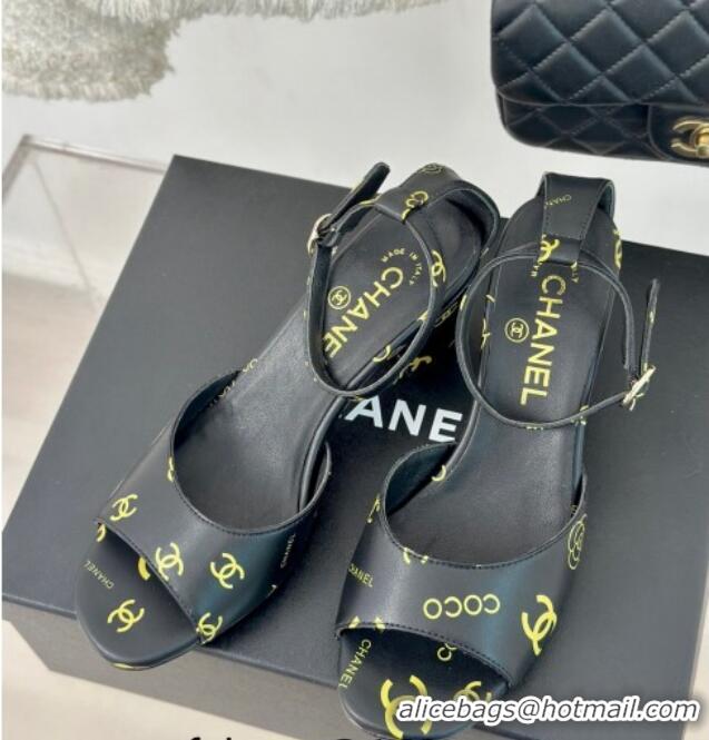 Good Product Chanel Coco Printed Lambskin Heel Sandals 6cm Black 601014