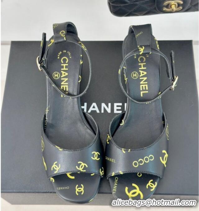 Good Product Chanel Coco Printed Lambskin Heel Sandals 6cm Black 601014