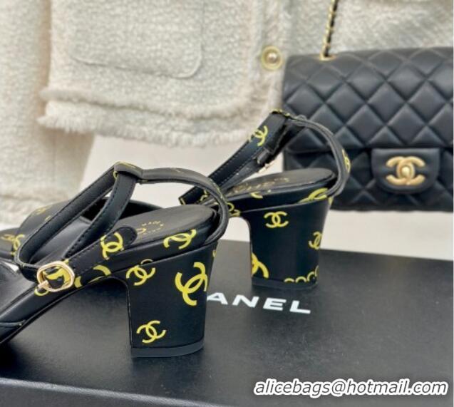 Good Product Chanel Coco Printed Lambskin Heel Sandals 6cm Black 601014