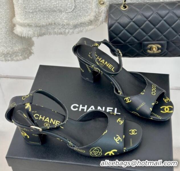 Good Product Chanel Coco Printed Lambskin Heel Sandals 6cm Black 601014