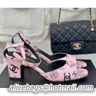 Stylish Chanel Coco Printed Lambskin Heel Sandals 6cm Light Pink 601015