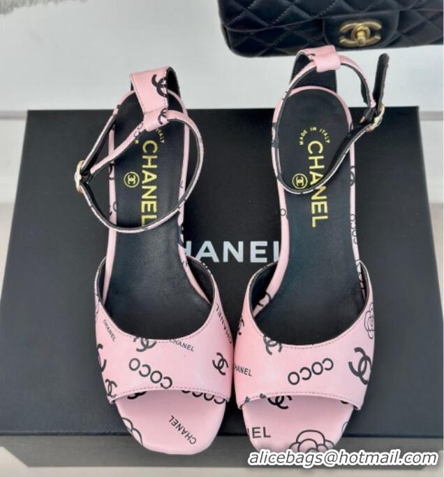 Stylish Chanel Coco Printed Lambskin Heel Sandals 6cm Light Pink 601015