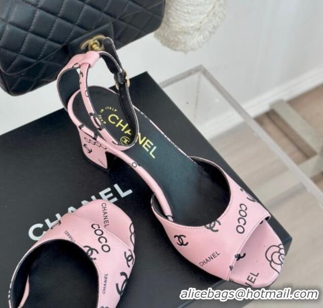 Stylish Chanel Coco Printed Lambskin Heel Sandals 6cm Light Pink 601015