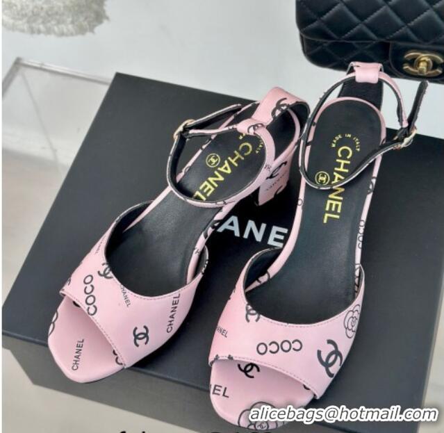 Stylish Chanel Coco Printed Lambskin Heel Sandals 6cm Light Pink 601015