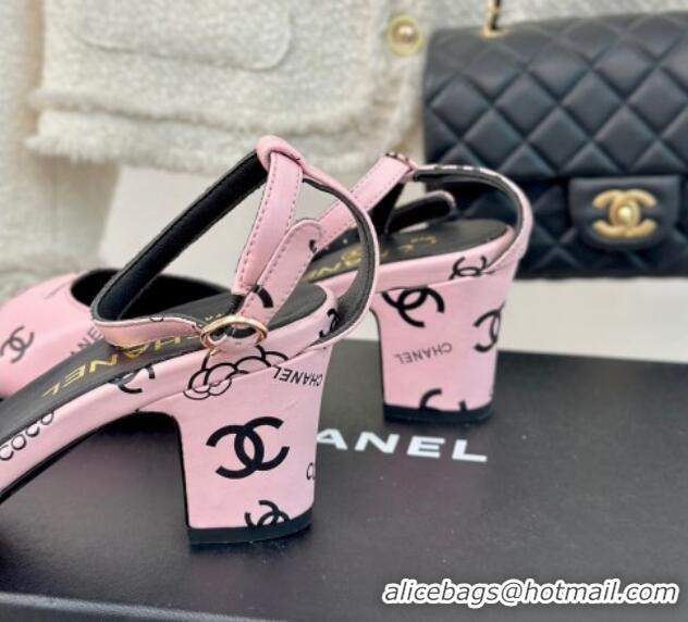 Stylish Chanel Coco Printed Lambskin Heel Sandals 6cm Light Pink 601015