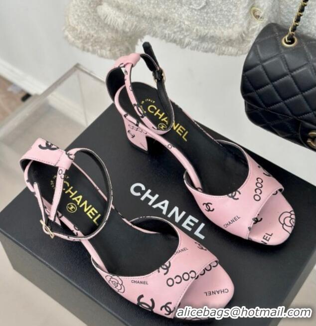 Stylish Chanel Coco Printed Lambskin Heel Sandals 6cm Light Pink 601015