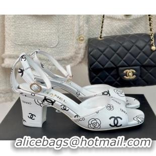 Grade Chanel Coco Printed Lambskin Heel Sandals 6cm White/Black 601016