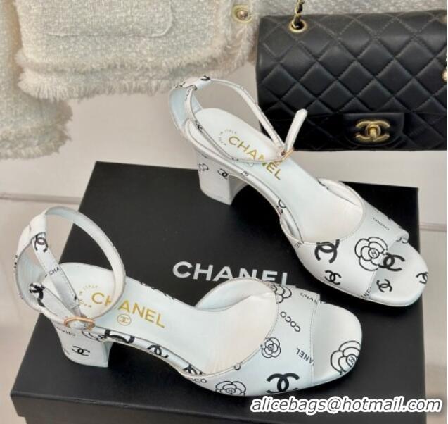 Grade Chanel Coco Printed Lambskin Heel Sandals 6cm White/Black 601016