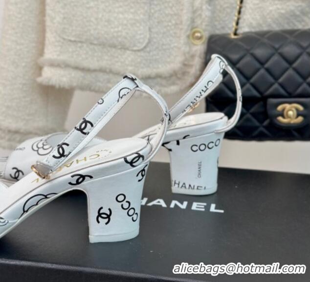 Grade Chanel Coco Printed Lambskin Heel Sandals 6cm White/Black 601016