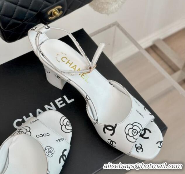 Grade Chanel Coco Printed Lambskin Heel Sandals 6cm White/Black 601016