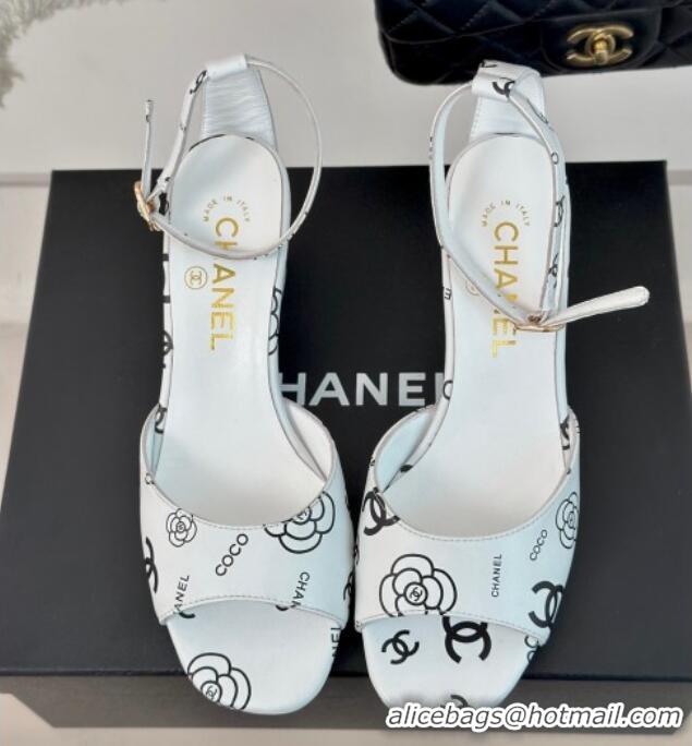 Grade Chanel Coco Printed Lambskin Heel Sandals 6cm White/Black 601016