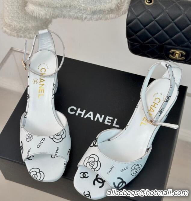 Grade Chanel Coco Printed Lambskin Heel Sandals 6cm White/Black 601016