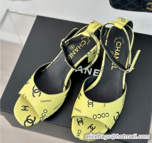 Sophisticated Chanel Coco Printed Lambskin Heel Sandals 6cm Yellow 601017