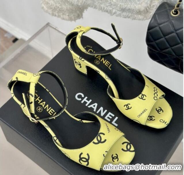 Sophisticated Chanel Coco Printed Lambskin Heel Sandals 6cm Yellow 601017