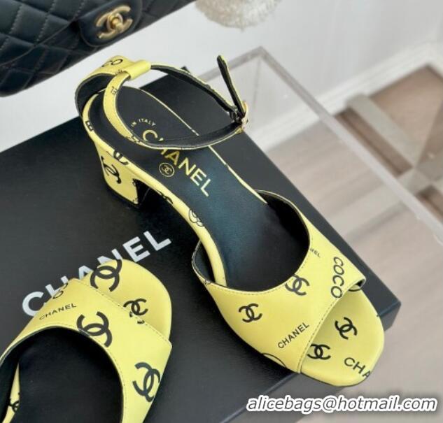 Sophisticated Chanel Coco Printed Lambskin Heel Sandals 6cm Yellow 601017