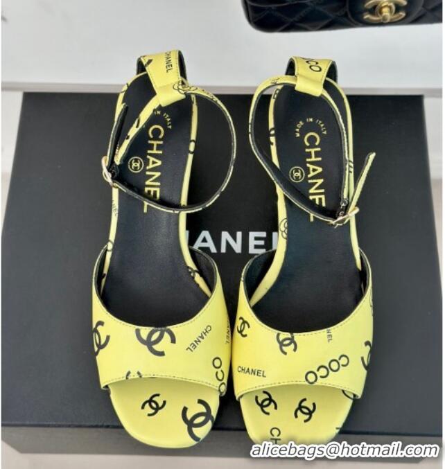 Sophisticated Chanel Coco Printed Lambskin Heel Sandals 6cm Yellow 601017