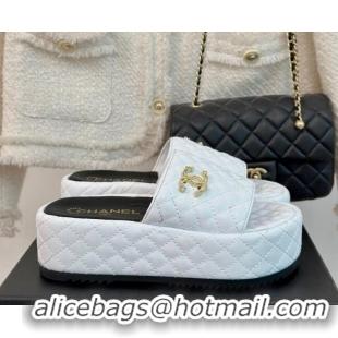 Stylish Chanel Quilted Lambskin Platform Slide Sandals with Strass CC White 601019