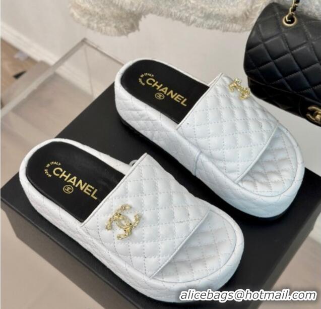 Stylish Chanel Quilted Lambskin Platform Slide Sandals with Strass CC White 601019