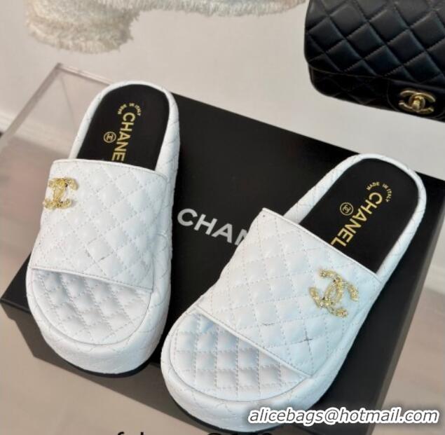 Stylish Chanel Quilted Lambskin Platform Slide Sandals with Strass CC White 601019