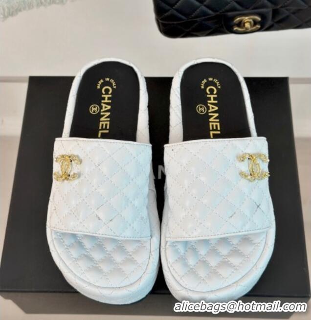 Stylish Chanel Quilted Lambskin Platform Slide Sandals with Strass CC White 601019