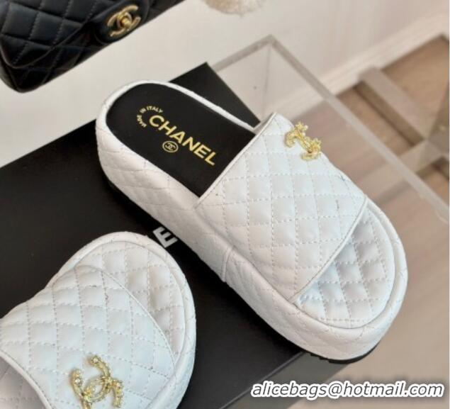 Stylish Chanel Quilted Lambskin Platform Slide Sandals with Strass CC White 601019