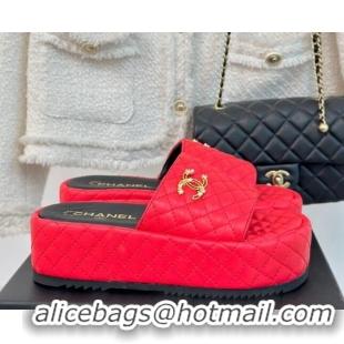 Sumptuous Chanel Quilted Lambskin Platform Slide Sandals with Strass CC Red 601020