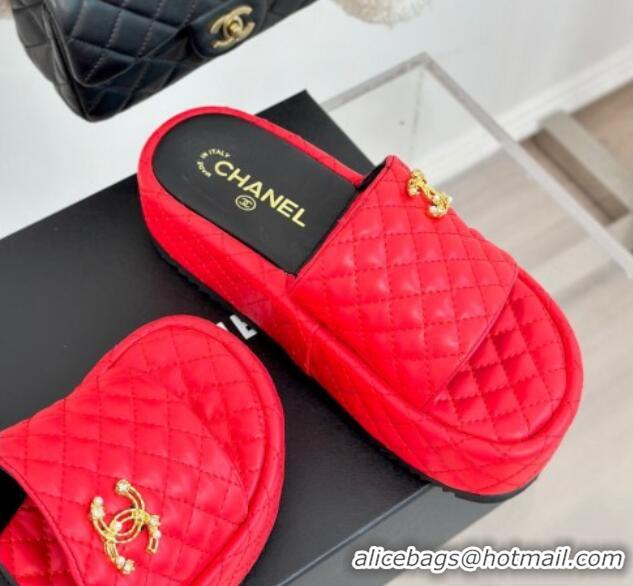 Sumptuous Chanel Quilted Lambskin Platform Slide Sandals with Strass CC Red 601020