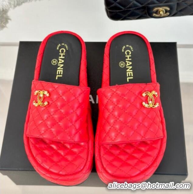 Sumptuous Chanel Quilted Lambskin Platform Slide Sandals with Strass CC Red 601020