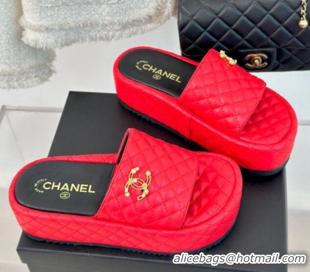 Sumptuous Chanel Quilted Lambskin Platform Slide Sandals with Strass CC Red 601020