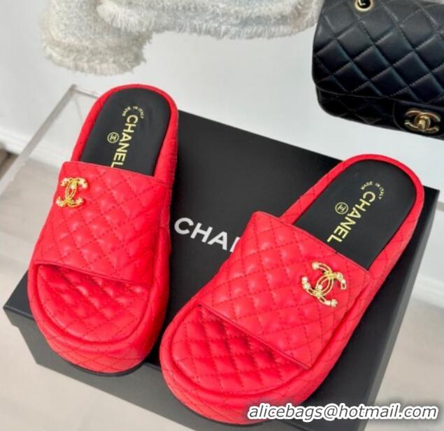 Sumptuous Chanel Quilted Lambskin Platform Slide Sandals with Strass CC Red 601020