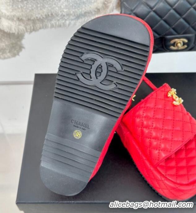 Sumptuous Chanel Quilted Lambskin Platform Slide Sandals with Strass CC Red 601020