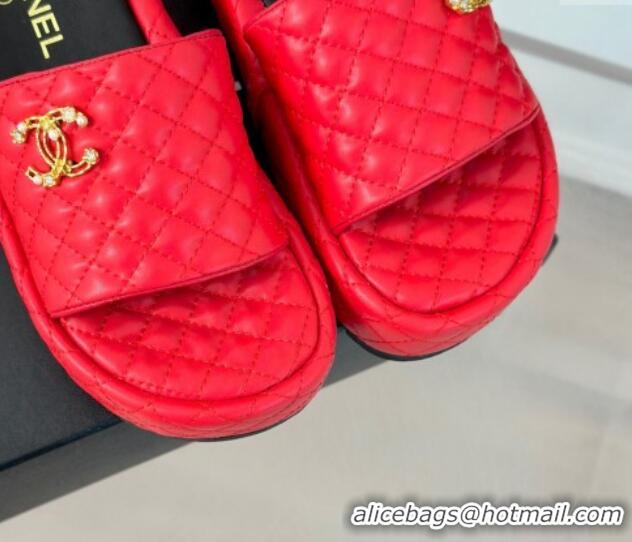 Sumptuous Chanel Quilted Lambskin Platform Slide Sandals with Strass CC Red 601020