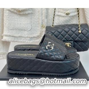 Duplicate Chanel Quilted Lambskin Platform Slide Sandals with Strass CC Black 601021