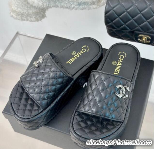 Duplicate Chanel Quilted Lambskin Platform Slide Sandals with Strass CC Black 601021