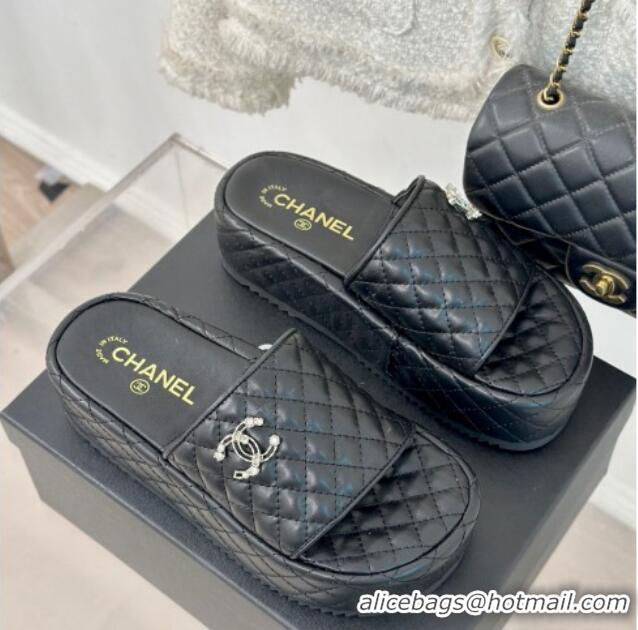 Duplicate Chanel Quilted Lambskin Platform Slide Sandals with Strass CC Black 601021