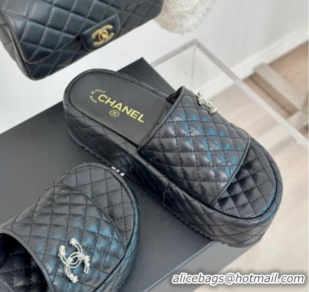 Duplicate Chanel Quilted Lambskin Platform Slide Sandals with Strass CC Black 601021