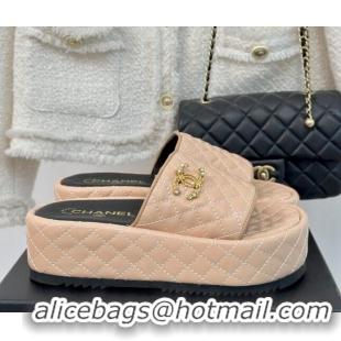 Classic Hot Chanel Quilted Lambskin Platform Slide Sandals with Strass CC Beige 601022