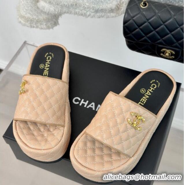 Classic Hot Chanel Quilted Lambskin Platform Slide Sandals with Strass CC Beige 601022