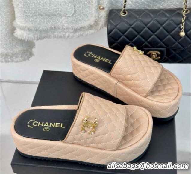 Classic Hot Chanel Quilted Lambskin Platform Slide Sandals with Strass CC Beige 601022