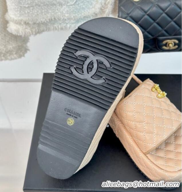 Classic Hot Chanel Quilted Lambskin Platform Slide Sandals with Strass CC Beige 601022