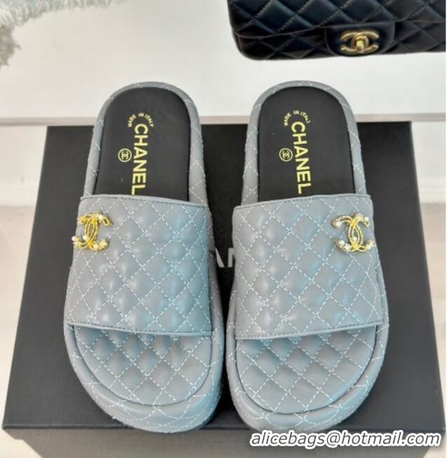 Purchase Chanel Quilted Lambskin Platform Slide Sandals with Strass CC Grey 601023