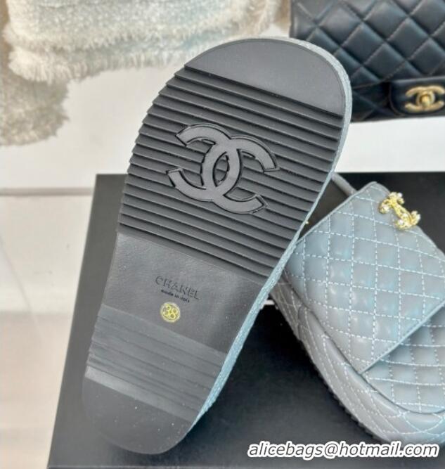 Purchase Chanel Quilted Lambskin Platform Slide Sandals with Strass CC Grey 601023